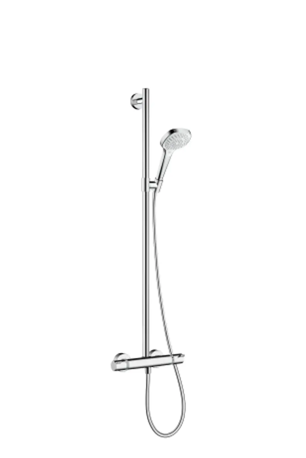 Hansgrohe Duschsystem mit Thermostat, senkrecht montierter Stange, Handbrause und Schlauch. Oberfläche in Chrom und Weiß.